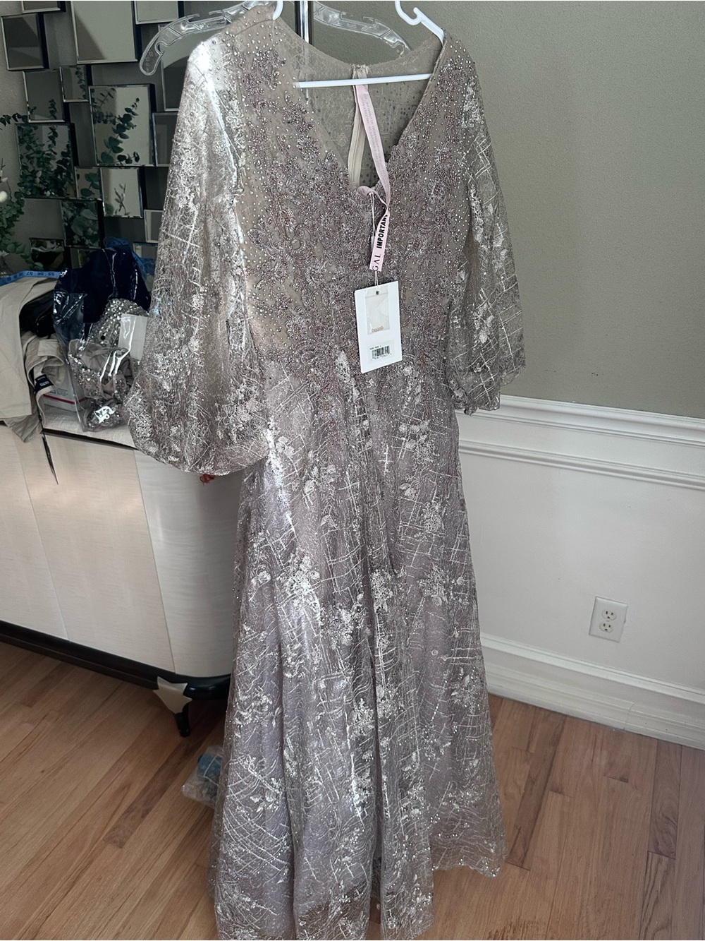 Mac Duggal Silver-Taupe Beaded Lace Evening Gown